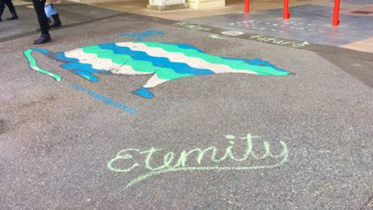 Example: Eternity written in chalk. Colurful rat picture in background.